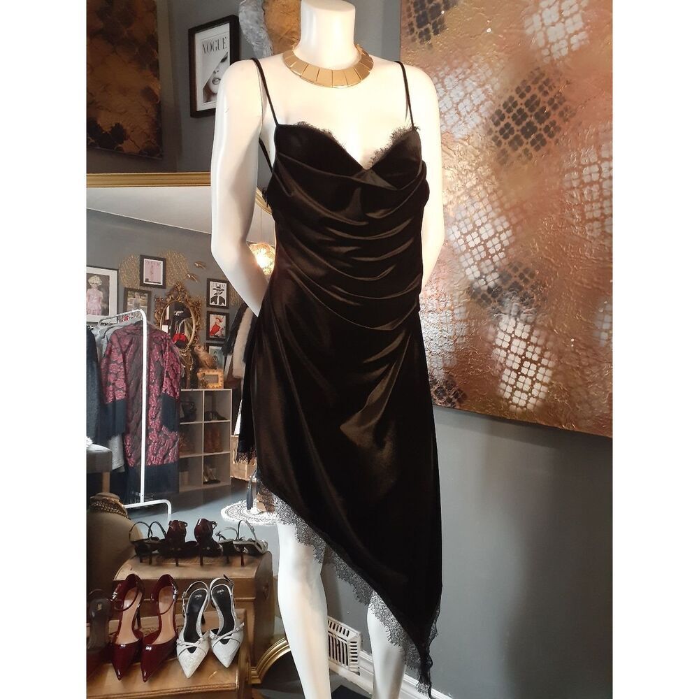Zara Nwt Black Velvet Asymmetric Slip Dress with Lace Trim - Picture 5 of 16